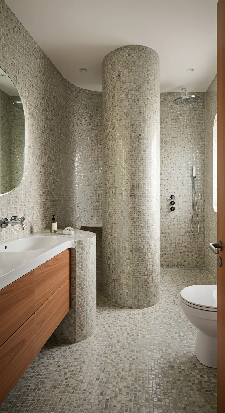 Badkamer met ronde douche, bekleed met glinsterende mozaïektegels.
