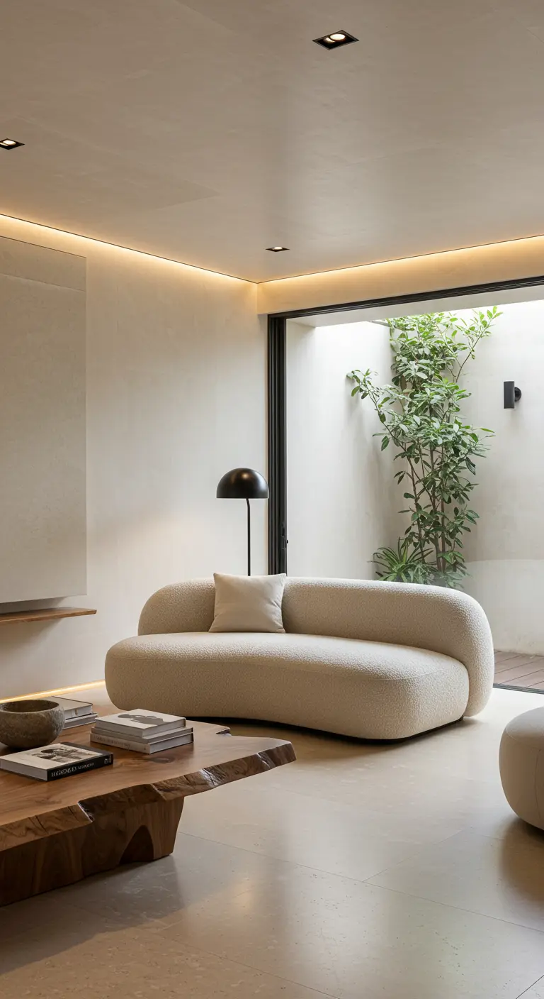 Moderne woonkamer met crèmekleurige organische bank, houten tafel en indirecte verlichting.