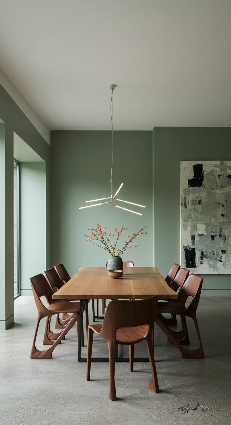 Eetkamer met houten sculpturale stoelen, saliegroene muren en een moderne hanglamp.