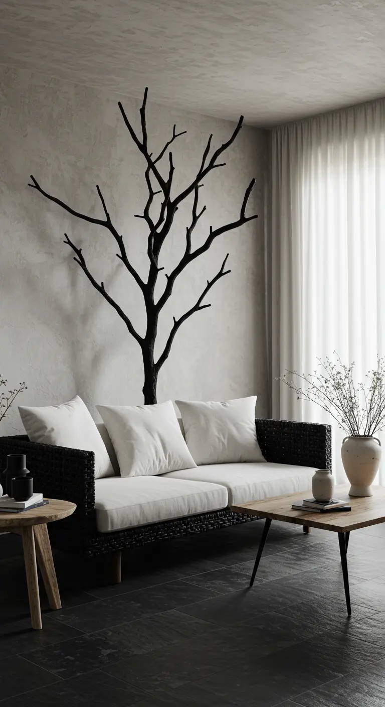 Woonkamer met een zwarte boomsculptuur aan een witte muur en een zwarte bank.