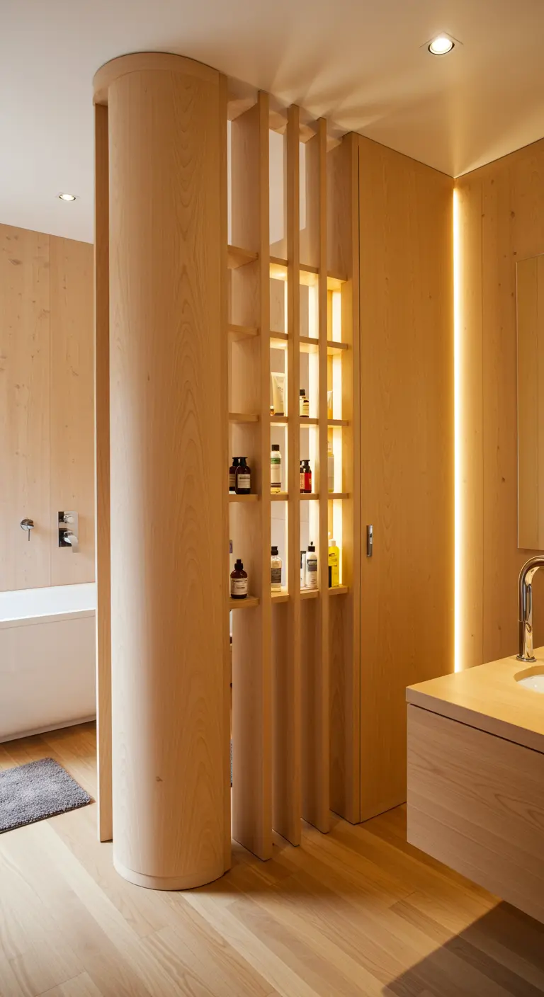 Houten ronde kolom met ingebouwde planken als opberger in een lichte badkamer.