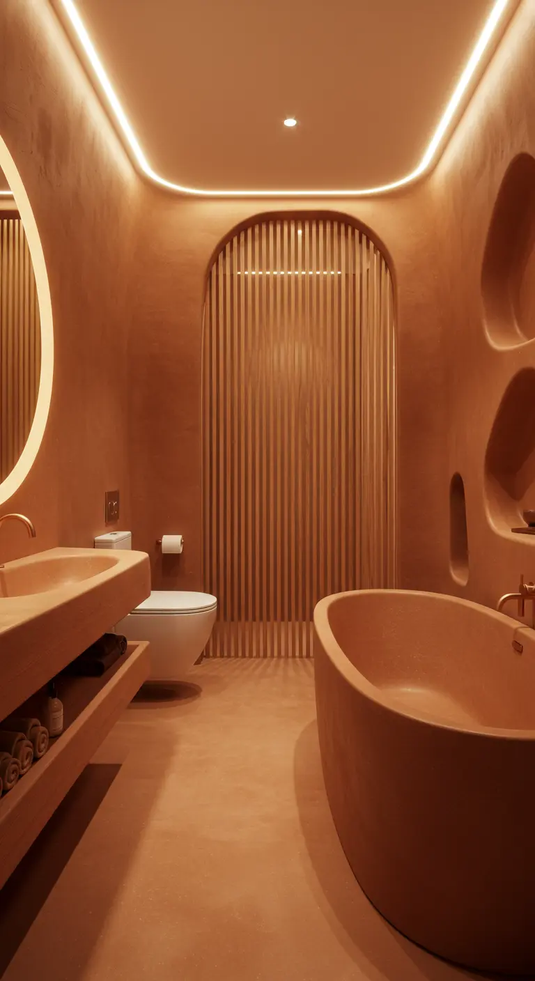 Badkamer met terracotta organische vormen voor bad en wastafel, lamellen wand.
