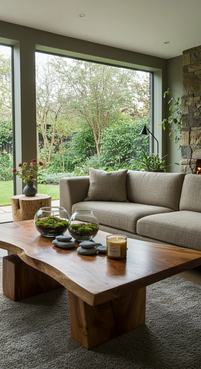 Massief houten salontafel met organische vorm, mos-terrariums en een kaars.