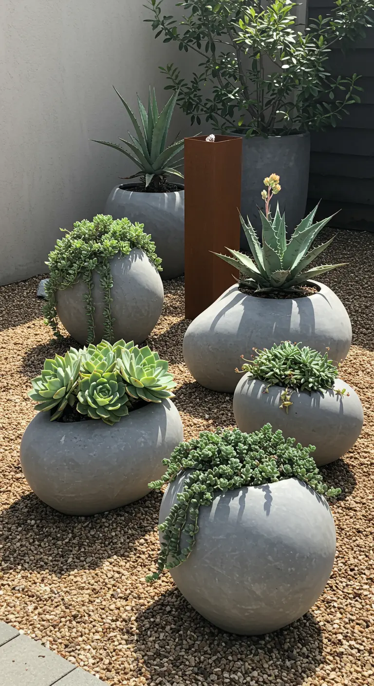 Collectie ronde, organisch gevormde grijze potten met diverse vetplanten en succulenten op grind.
