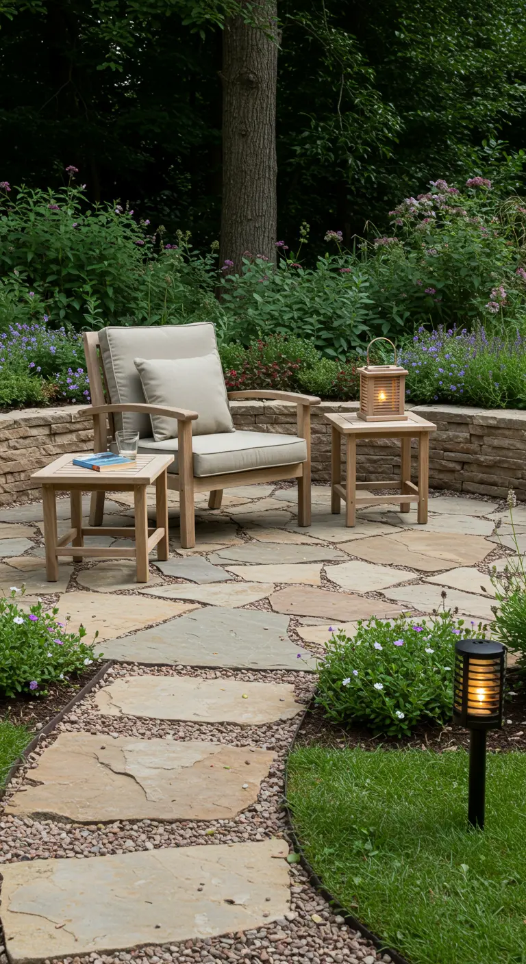 Patio met onregelmatige stenen tegels, houten fauteuil, bijzettafels en buitenverlichting.