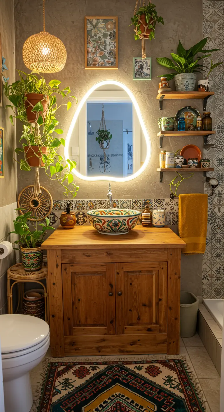 Bohemian badkamer met een organisch gevormde spiegel met LED-randverlichting.