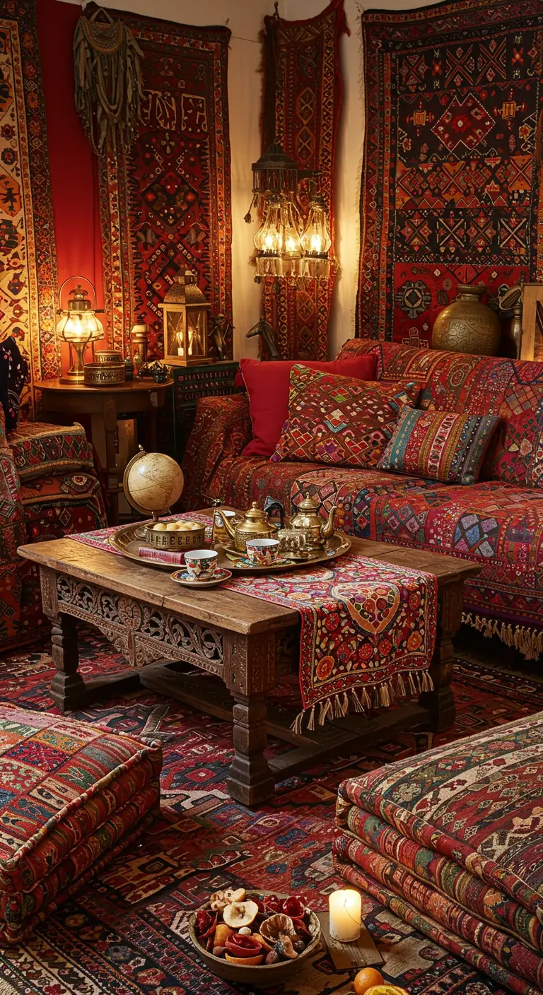 Lage, bewerkte houten salontafel met Oosters theeservies, wereldbol en lantaarns in een rijk interieur.