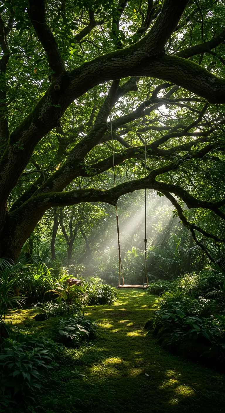 Houten schommel onder een massieve, oude boom met zichtbare wortels en zonnestralen.