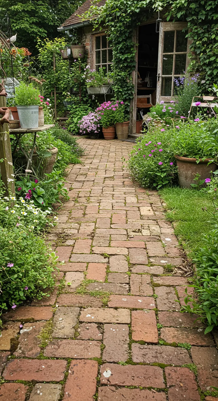 Pad van oude, verweerde bakstenen met mos, leidend naar een tuinhuis.