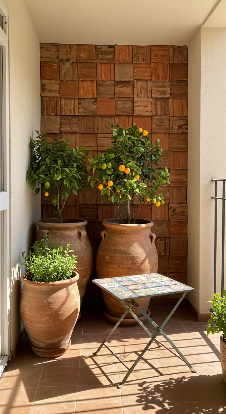 Balkon met een muur van gerecyclede baksteen, grote terracotta potten en citrusbomen.