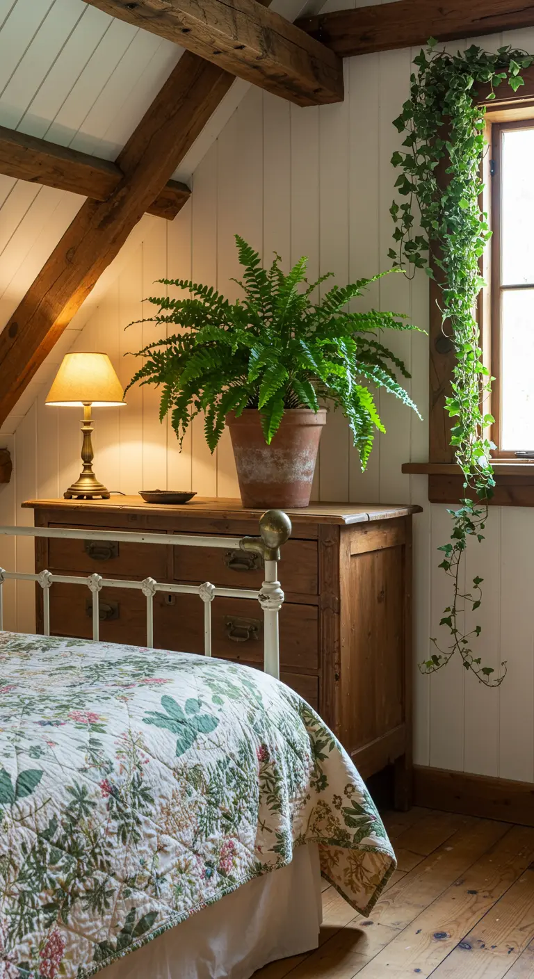 Rustieke slaapkamer met een grote varen op een houten ladekast en klimop bij het raam.