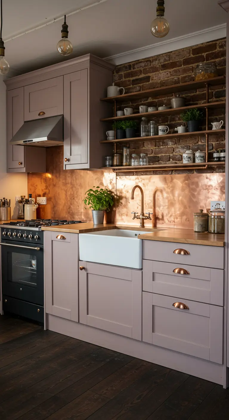 Keuken met oudroze kasten, koperen achterwand, open houten planken en donkere vloer.