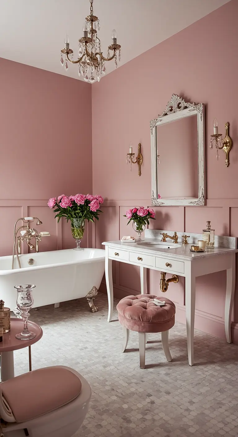 Romantische badkamer in oudroze met klassiek wit sanitair en gouden accenten.