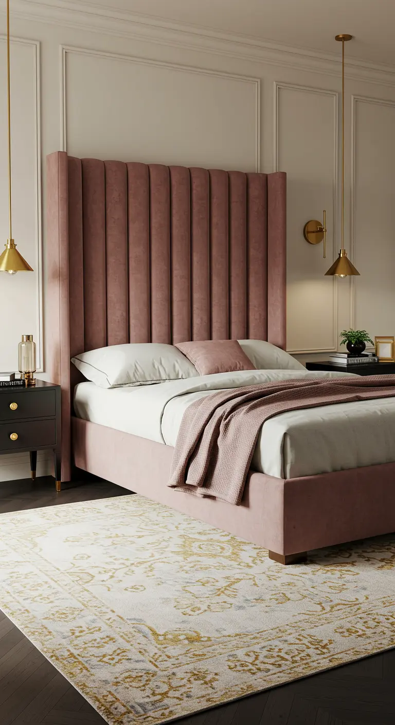 Luxe slaapkamer met hoog oudroze velours hoofdbord en Perzisch tapijt.
