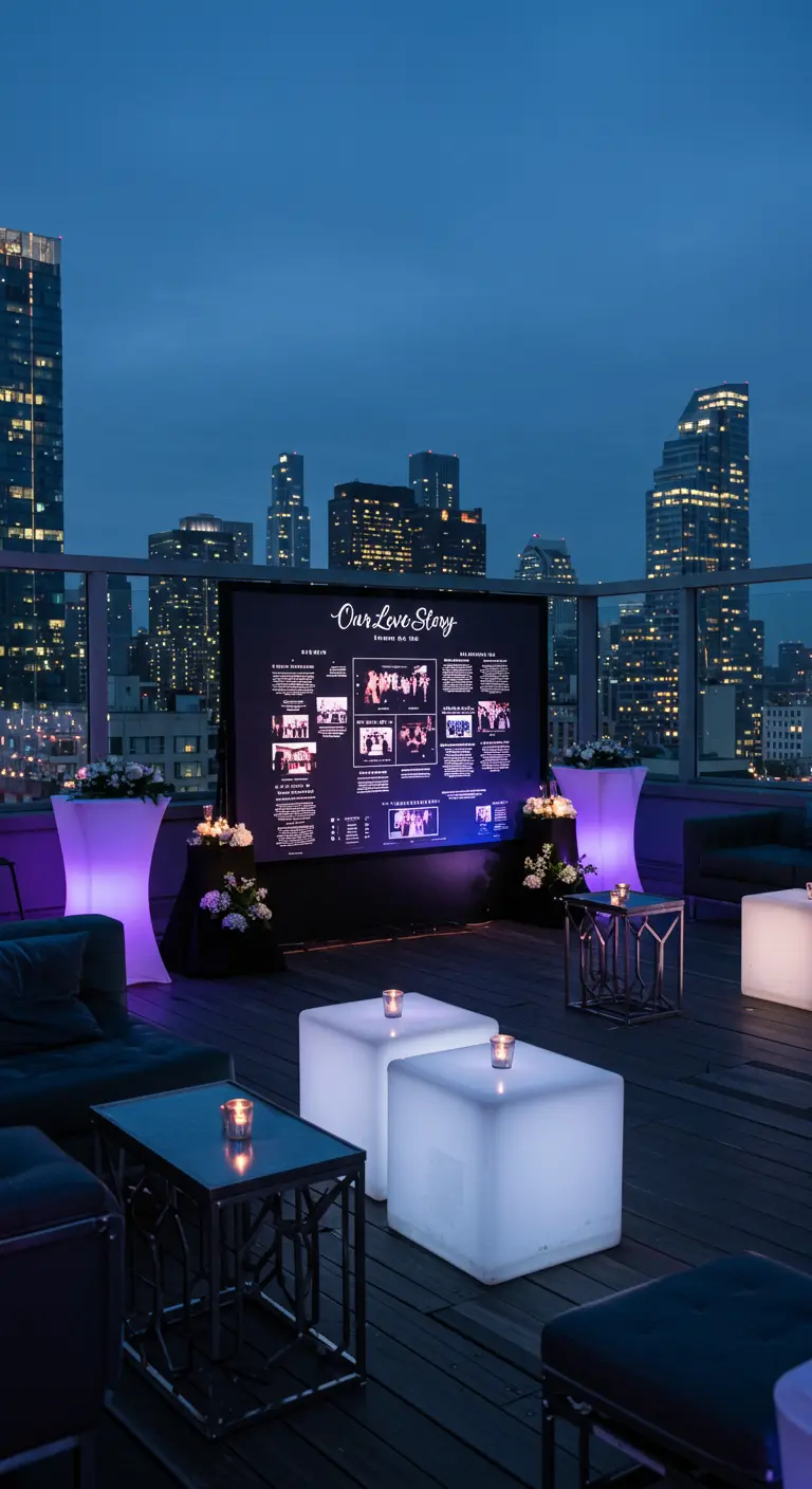 Dakterras feestsetting met een groot scherm dat 'Our Love Story' toont, verlichte meubels.