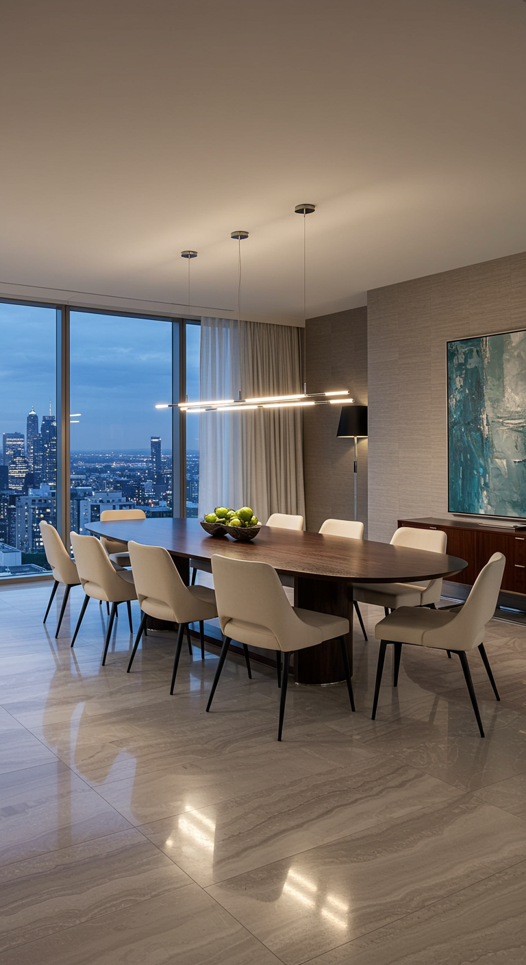 Moderne eetkamer met grote donkere ovale eettafel en uitzicht op de stad.