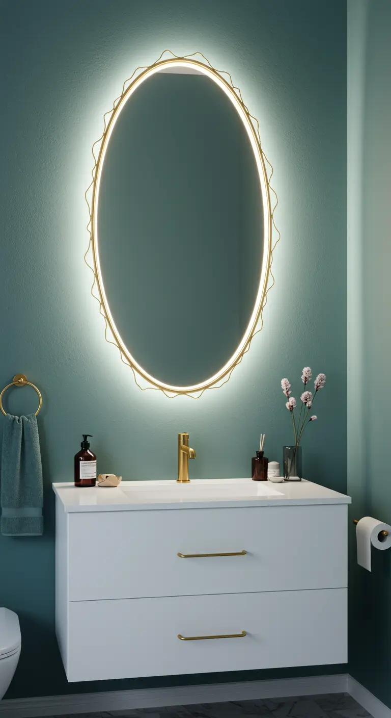 Badkamer met petrolblauwe muur en ovale spiegel met gouden frame en licht