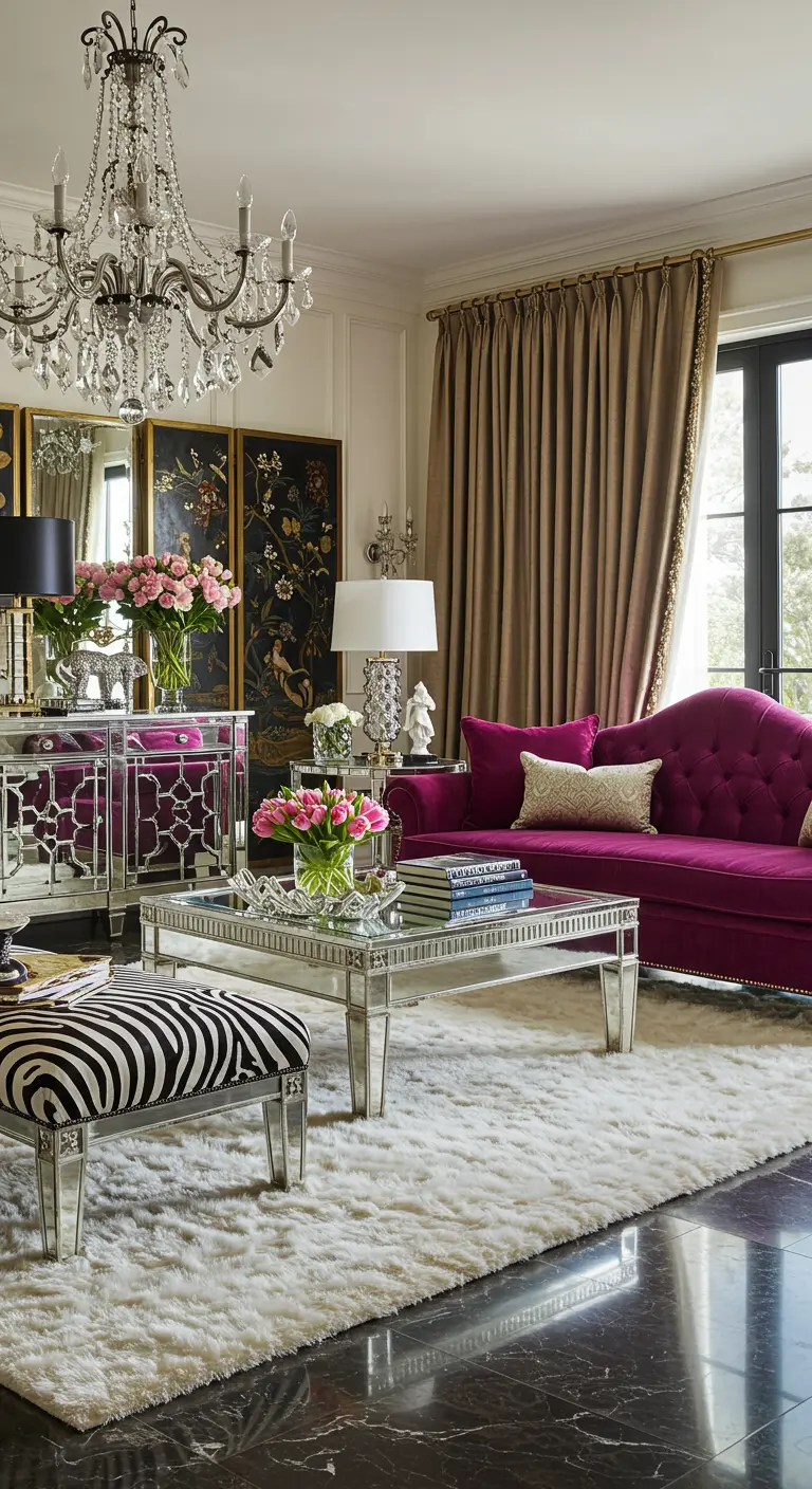 Glamoureuze woonkamer met fuchsia bank, spiegelmeubels, dierenprint en kristallen kroonluchter.