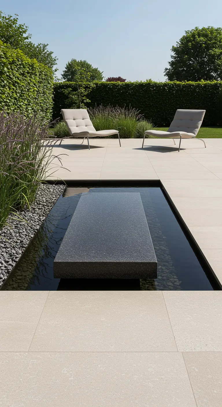 Strakke verzonken vijver met een donkere stenen plaat eroverheen, in een moderne tuin.