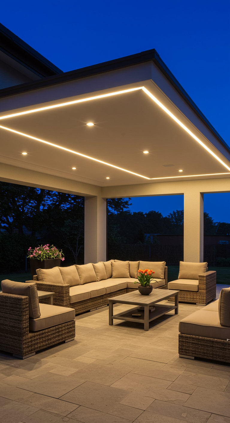 Modern overdekt terras met LED-strips en spots in het plafond boven een loungeset.