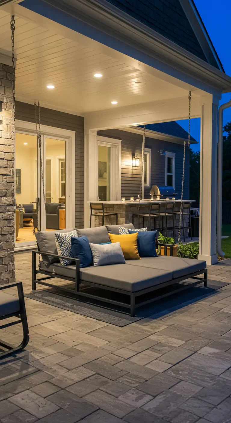 Groot modern schommelbed met veel kussens op een overdekt terras met buitenkeuken.