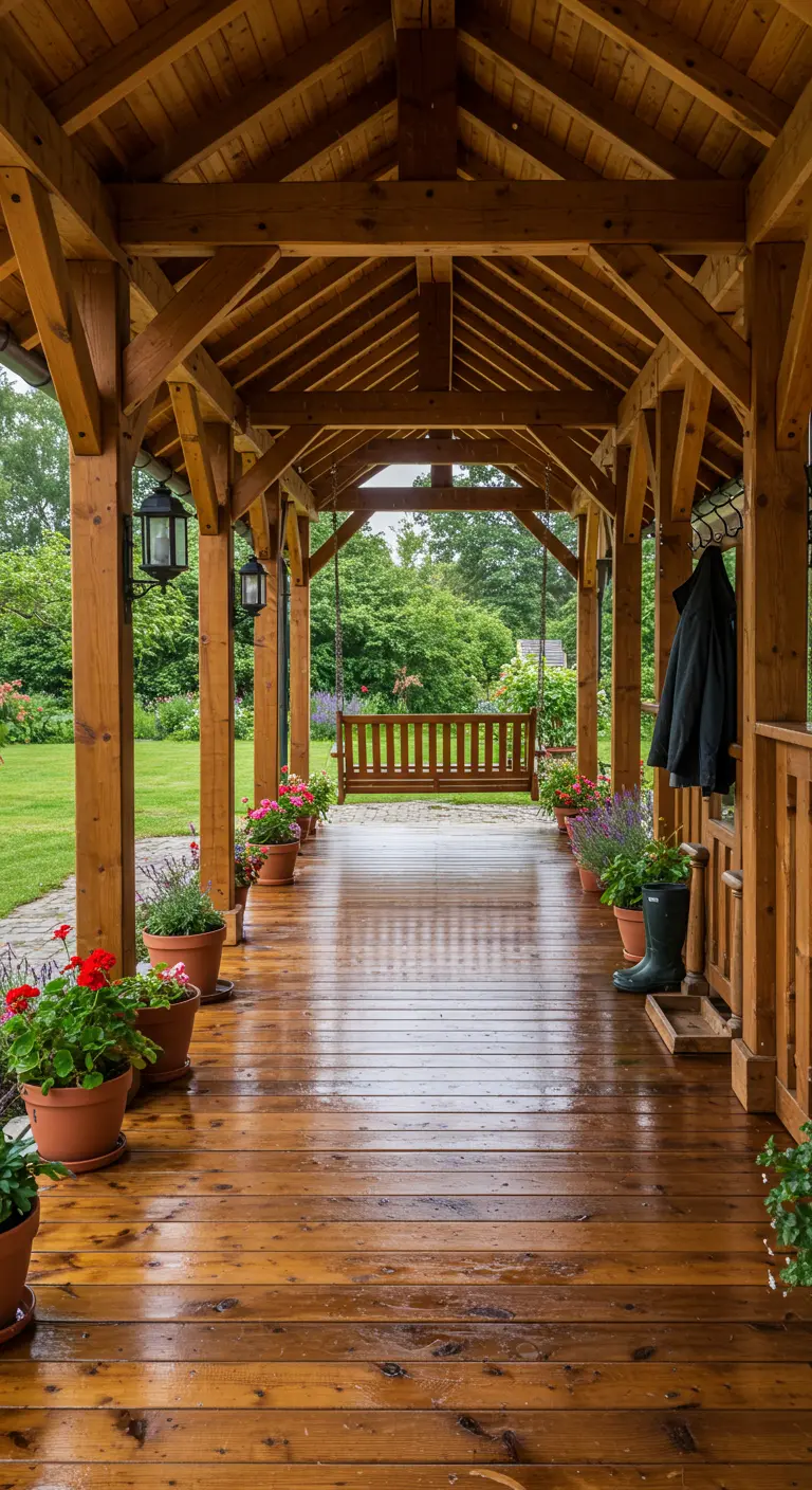 Houten schommelbank op een lange, overdekte houten veranda met potten geraniums.