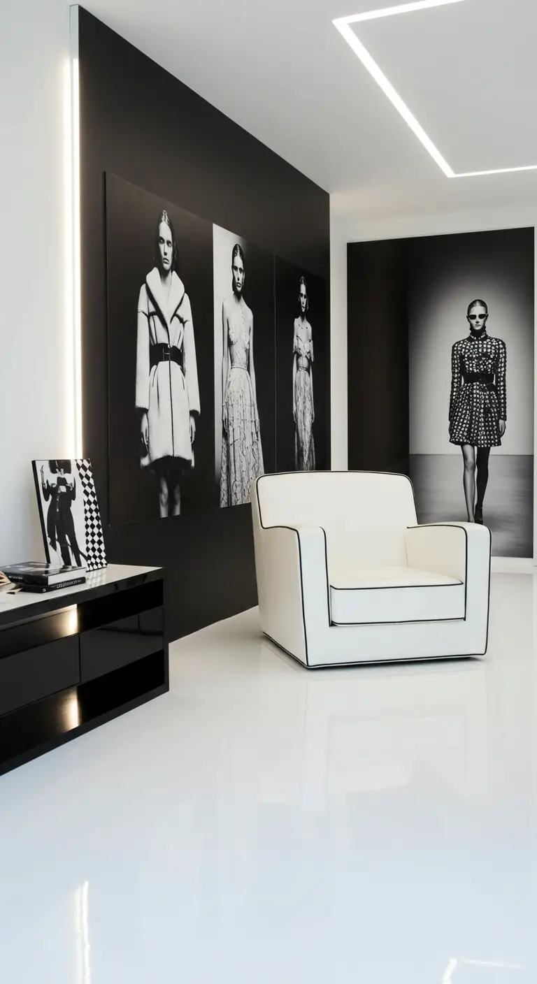 Minimalistische woonkamer met zwarte accentmuur en grote zwart-wit modefoto's.