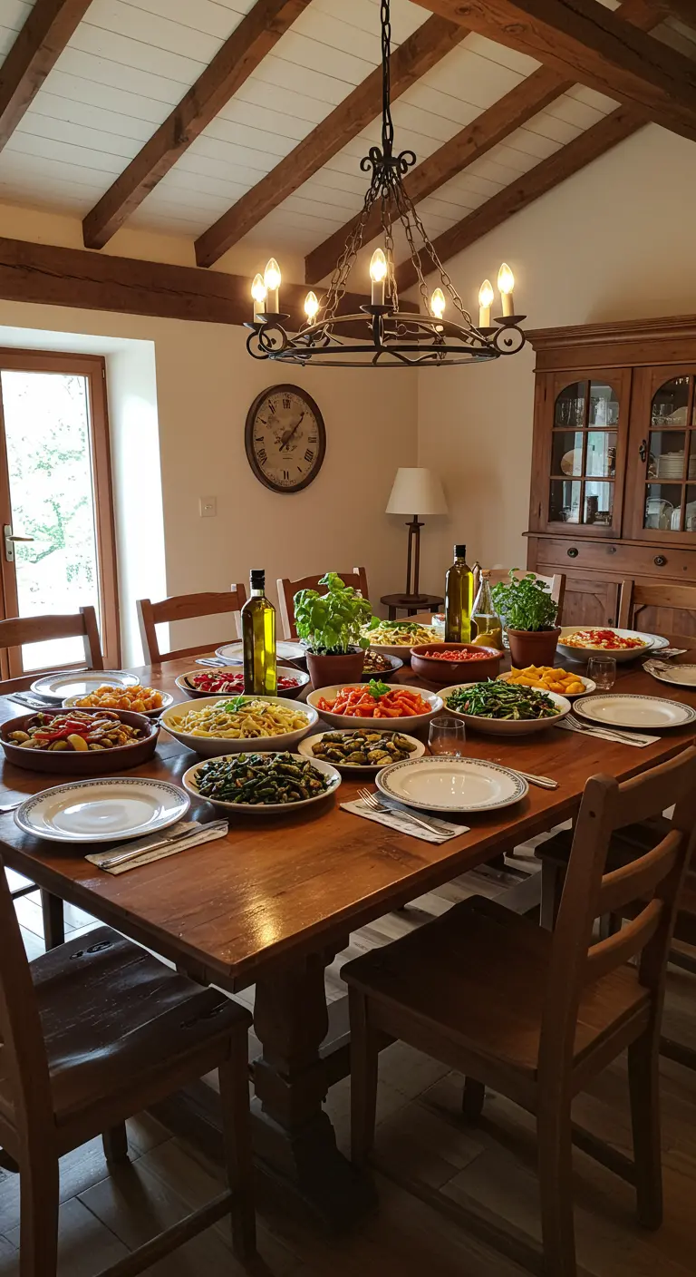 Grote houten eettafel met vele schalen vol Italiaanse gerechten, basilicum en olijfolie.