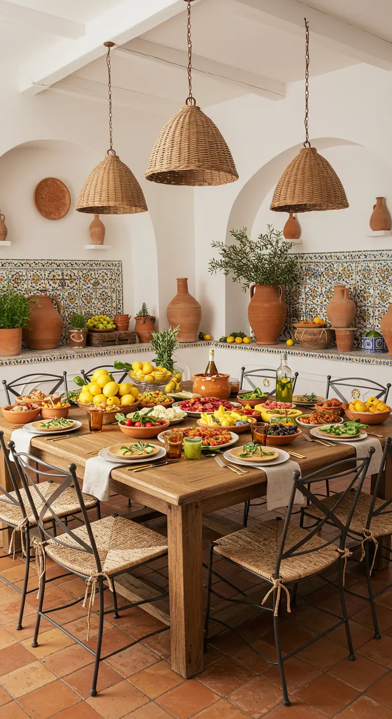 Tafel vol vers fruit en groenten, met terracotta potten en rieten lampen erboven.