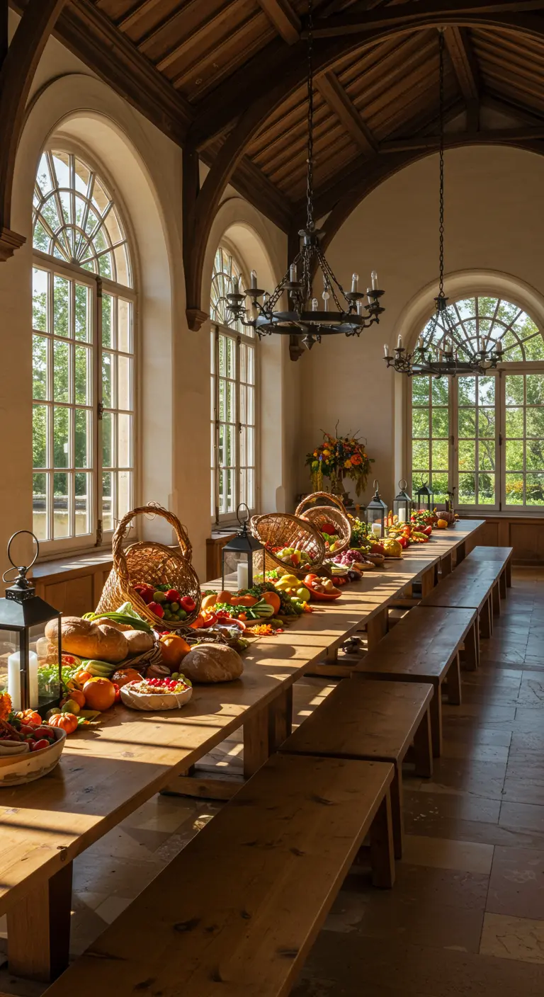 Zeer lange houten tafel gevuld met manden vol fruit, groenten en brood, met kaarsen en lantaarns.