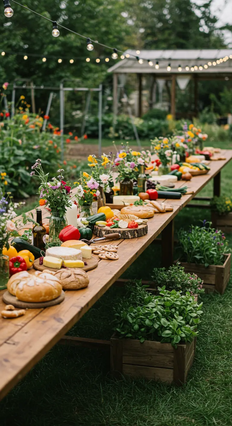 Lange houten tafel met vers brood, groenten, fruit en bloemen in tuin.