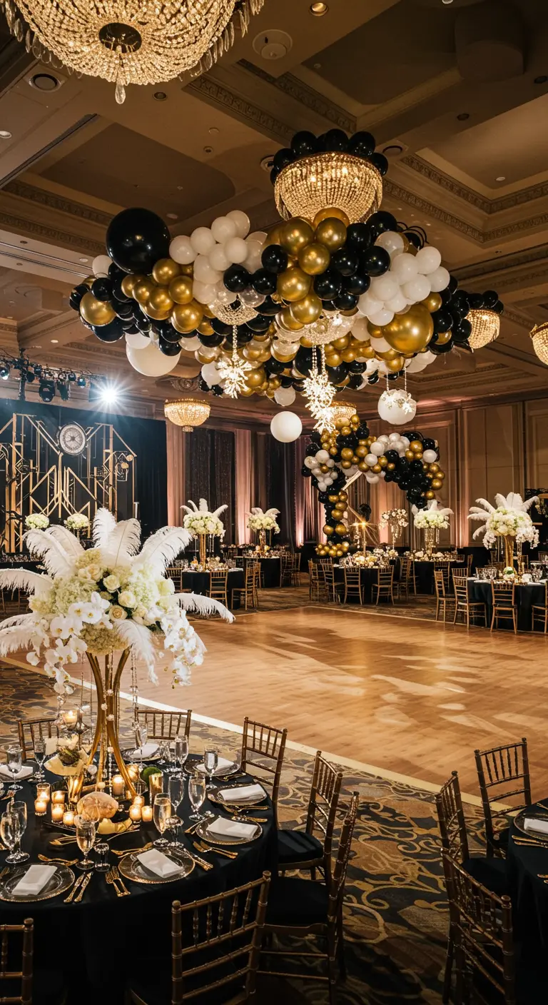 Extravagante plafonddecoratie met zwarte, witte en gouden ballonnen en Art Deco elementen.