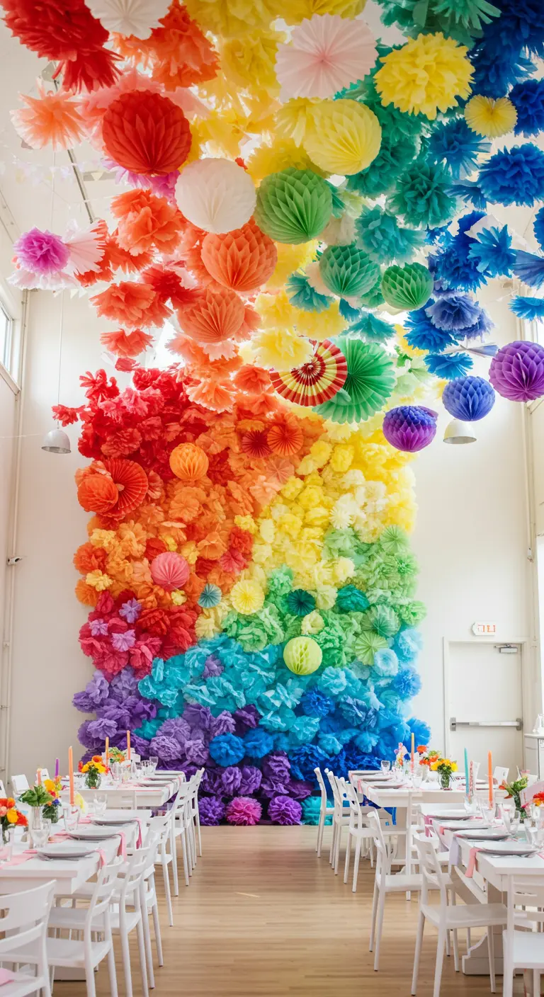 Feestruimte met een indrukwekkende regenboog van papieren pompons en honeycombs.