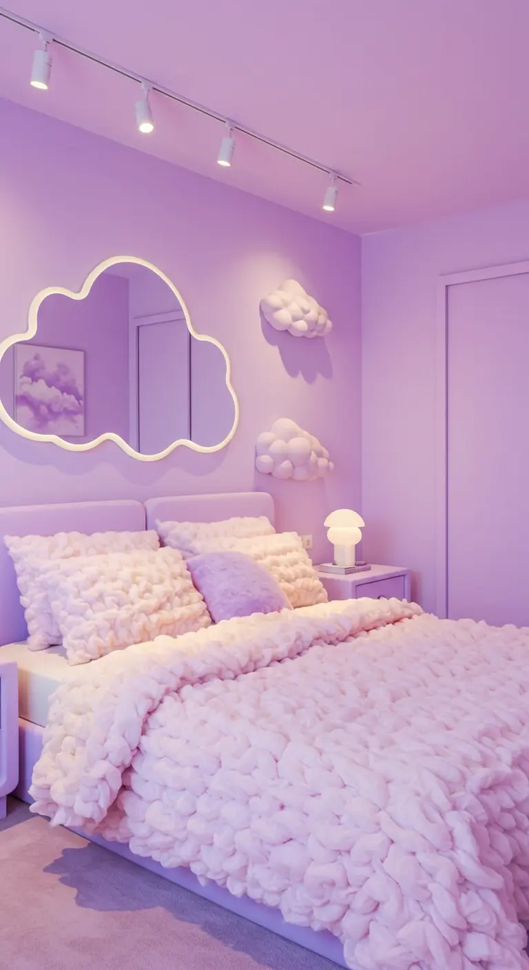 Geheel paarse slaapkamer met wolkenspiegel, 3D wolk decor en dikke gebreide deken.