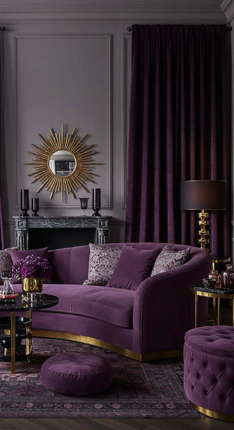Luxe woonkamer in donkerpaars, aubergine en lila met gouden accenten.