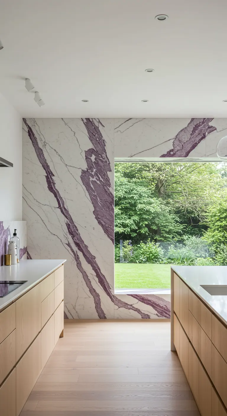 Lichte keuken met een volledige wand van wit marmer met opvallende paarse aders, naast houten kasten.