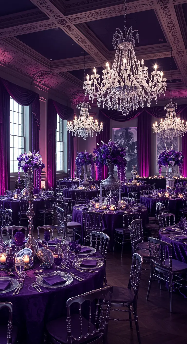 Luxueuze feestzaal met dieppaarse decoratie, kroonluchters en grote bloemstukken.