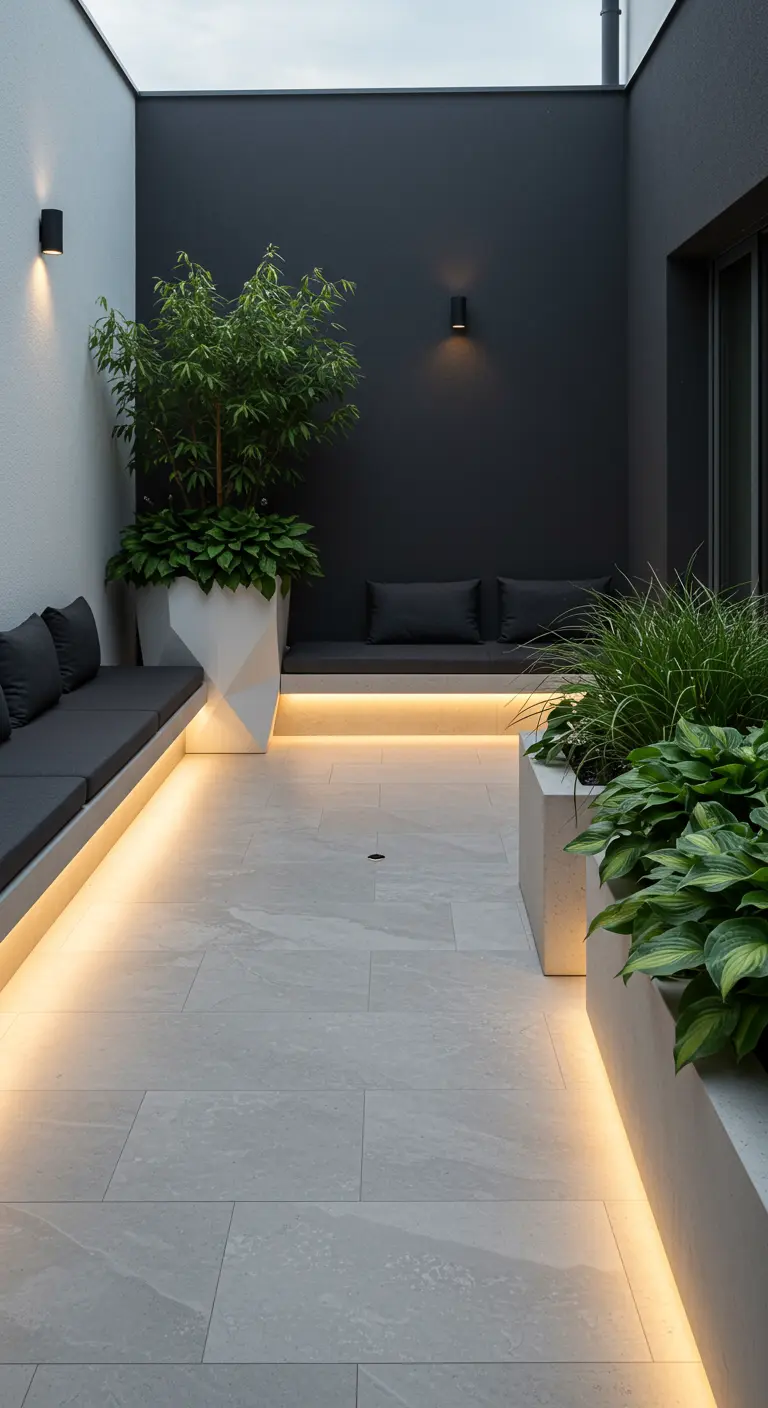 Modern, strak terras met ingebouwde banken en plantenbakken met Pachysandra en een solitaire boom, verlicht met LED-strips.