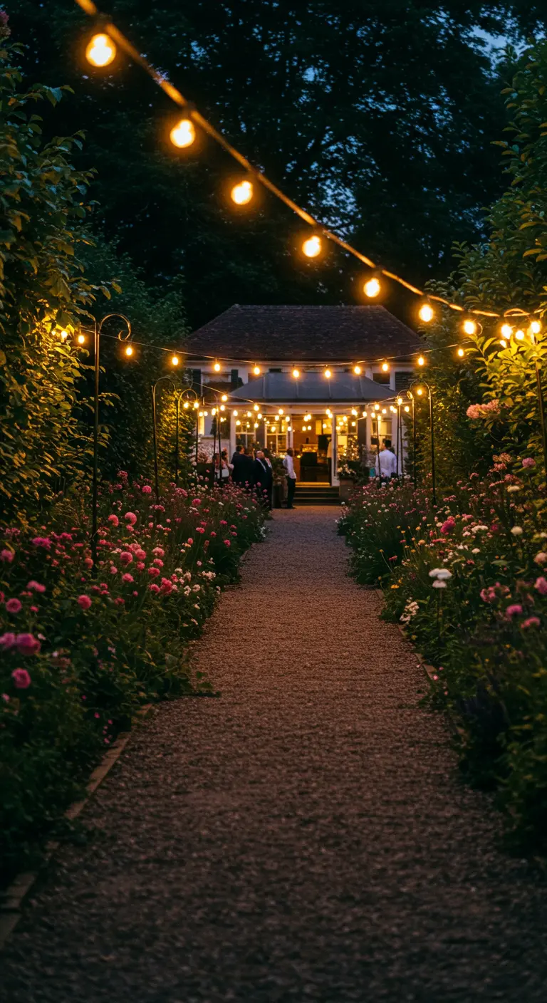 Tuinpad naar een feestlocatie, verlicht door lichtslingers aan weerszijden.