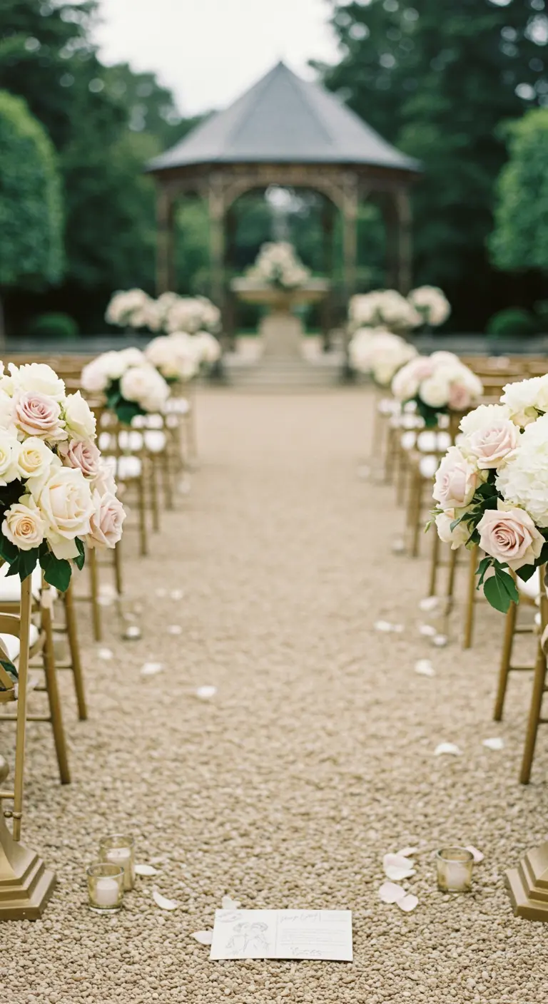 Gangpad van een buiten ceremonie met bloemdecoraties en een kleine foto op de grond.