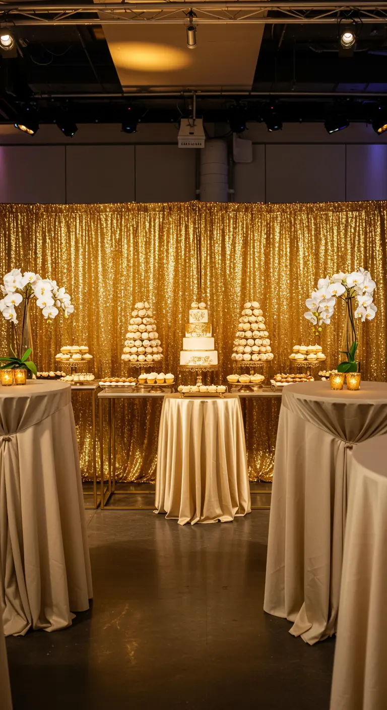 Dessertbuffet met gouden pailletten achtergrond, crèmekleurige tafelkleden en witte orchideeën.