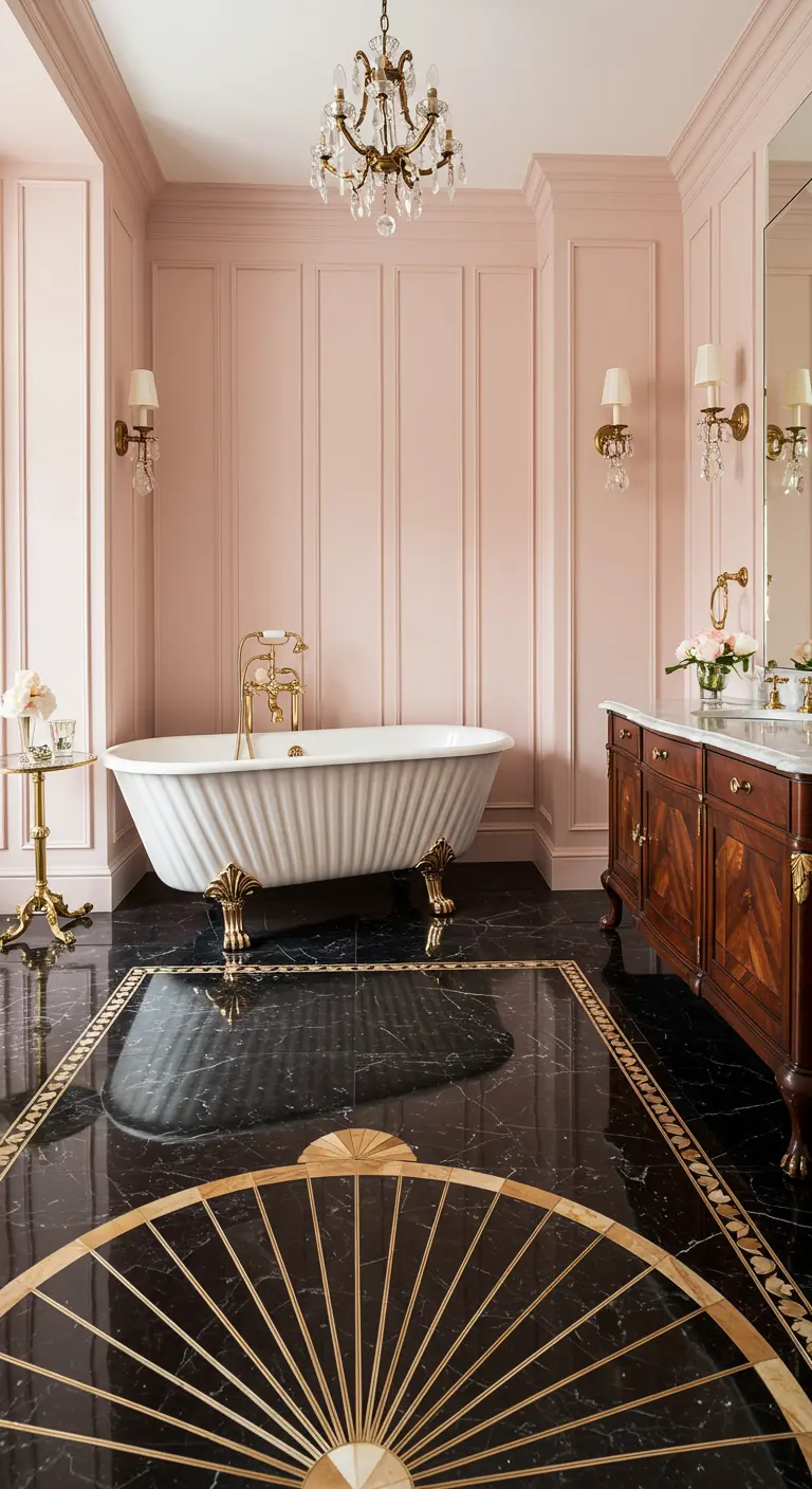 Luxe badkamer met zwarte marmeren vloer en gouden art-deco inleg.