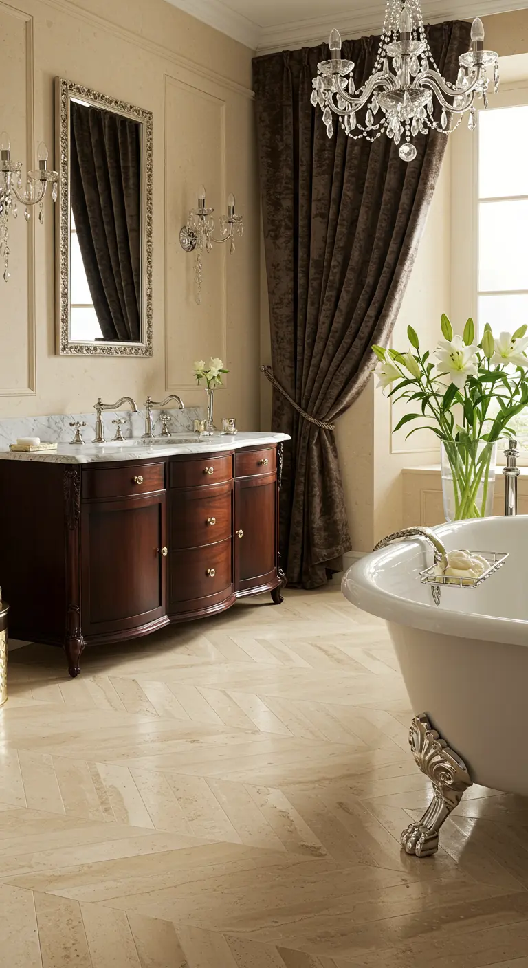 Klassieke badkamer met lichte visgraat tegelvloer, donker houten meubel en kroonluchter.