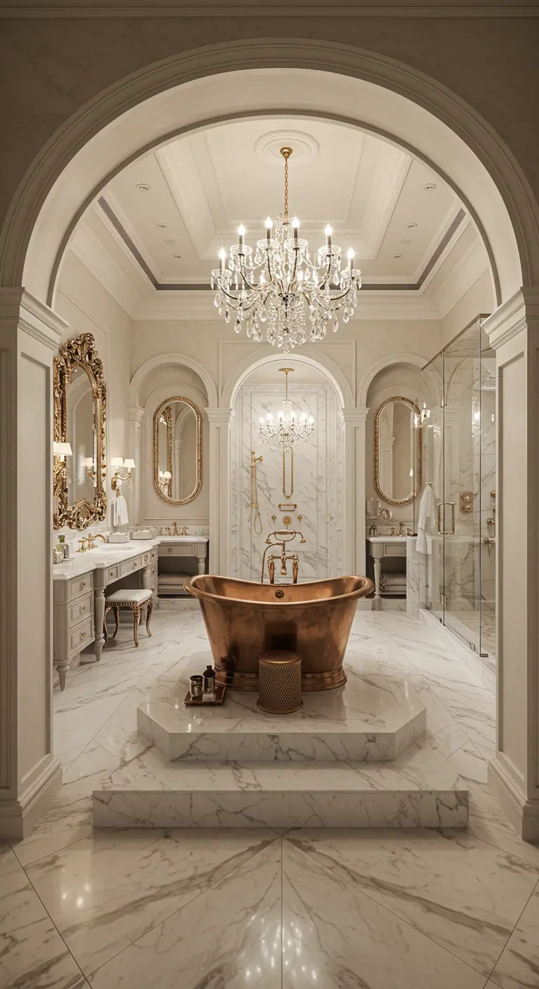 Extreem luxe badkamer met koperen bad op marmeren podium, kroonluchters en symmetrische wastafels.