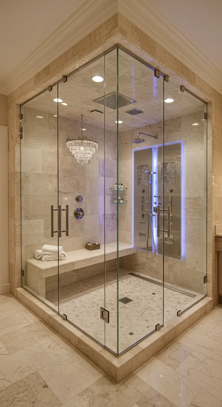 Luxe marmeren douche met glazen wanden, zitbank en kroonluchter.