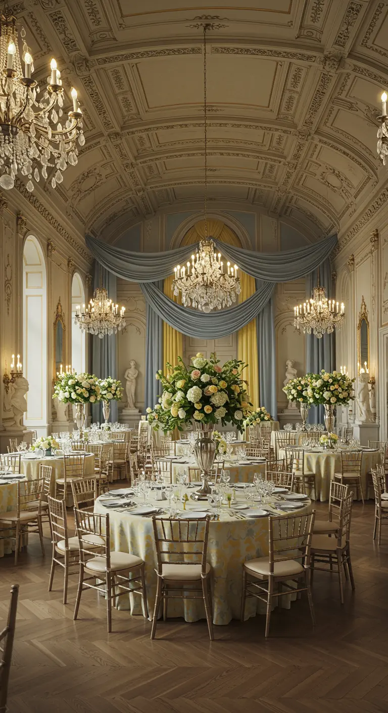 Elegante balzaal met hoge plafonds, kroonluchters, gedrapeerde stoffen en grote bloemstukken.