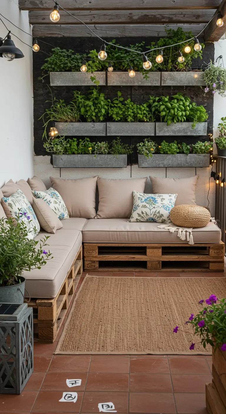 Balkon met pallet loungebank, verticale kruidentuin en lichtslinger.
