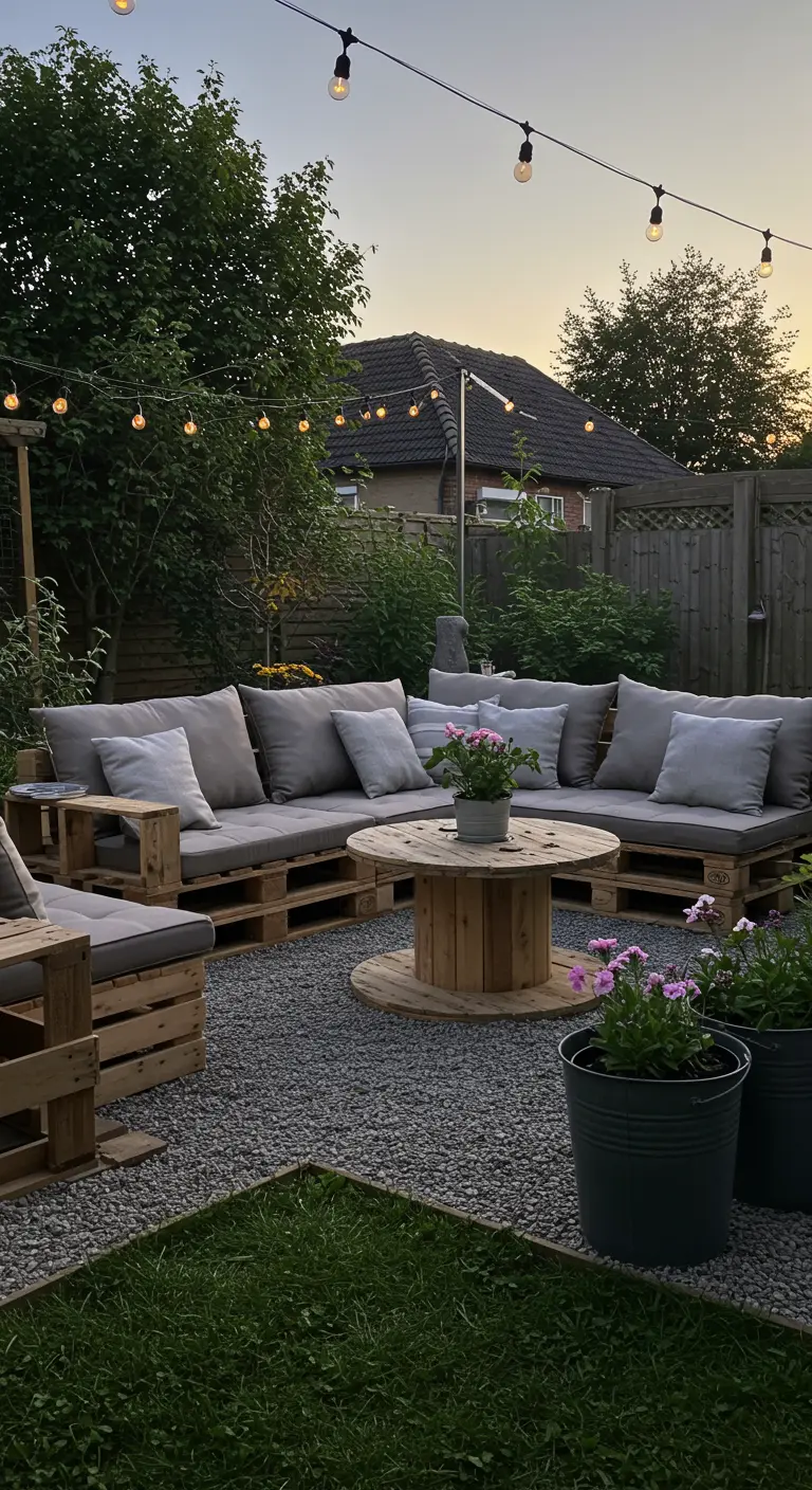 Loungeset gemaakt van pallets met grijze kussens op een grindterras.