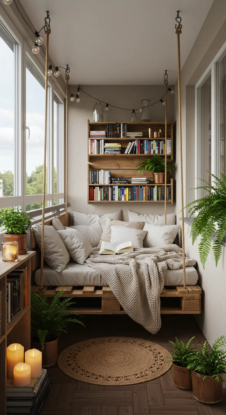 Schommelbed gemaakt van pallets met veel kussens en plaid op een balkon.