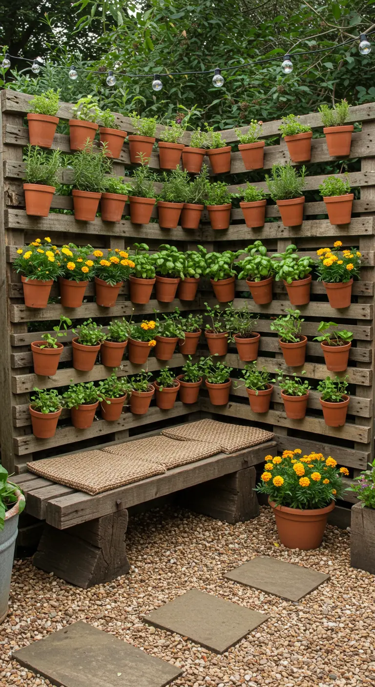 Verticale kruidentuin gemaakt van een houten pallet met rijen terracotta potten.